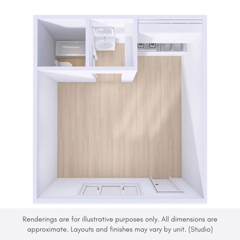 A rendering of a studio apartment with a kitchen area and a bathroom.